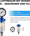 1/4-inch air pressure regulator with oil-water separator and filter for air tools, adjustable from 0-150 psi.