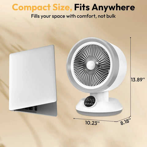 2 In 1 Heater And Fan Portable Space Heater With 60 Degree Oscillation For Indoor Use next to a laptop, compact size visible