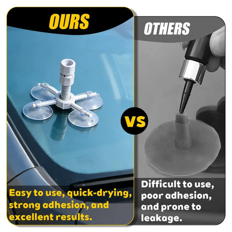 Comparison of the 4 Piece Windshield Repair Kit With Nano Resin Fluid showing upgraded vacuum system versus traditional method.