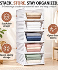 Solid 5 Pack Stackable Plastic Closet Storage Baskets In Crisp White For Slick Home Organization That Maxes Out Vertical Space And Keeps Your Daily Essentials Fresh And Tidy, showcasing five stacked bins holding folded towels.