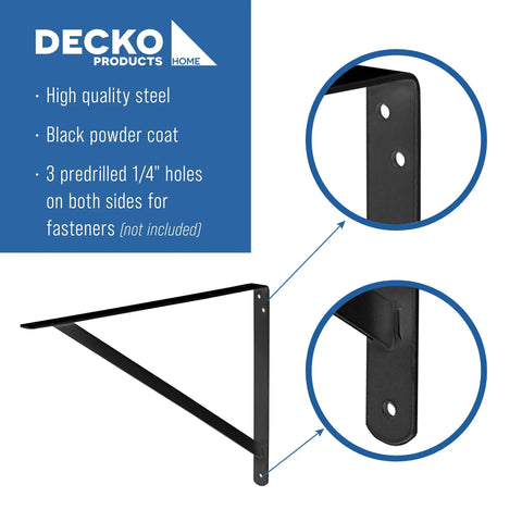 Beefy Black Steel Heavy Duty Shelf Brackets Set For Garage And Home Shelving Systems 19 And A Quarter Inch By 12 And A Half Inch 10 Pack With Three Predrilled Holes On Each Side, detail view showing mounting holes.