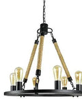 Vintage Inspired Rustic Industrial Rope Chandelier With Nautical Farmhouse Vibe, Six E26 Sockets, 17 Inch Adjustable Cord And Chain