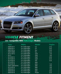 Vehicle fitment chart for Volkswagen models next to a silver car by the beach, detailing compatible years and engines.