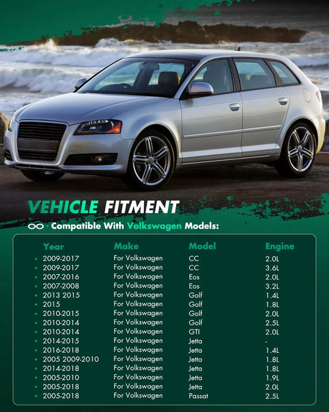 Vehicle fitment chart for Volkswagen models next to a silver car by the beach, detailing compatible years and engines.