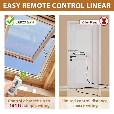 Comparison of USLICCX brand with easy remote control linear actuator and other brand with limited control distance and messy wiring