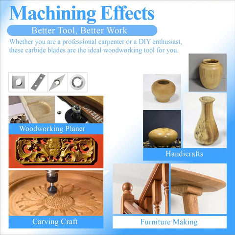 Ten Piece Round Tungsten Carbide Lathe Knife Inserts With Mounting Hardware For Woodturning Gear displayed in woodworking projects.