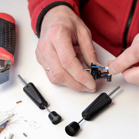 No Sweat Two Piece Pin Extractor Kit Super Smooth Electrical Wire Puller And Connector Remover Tool For Contacts Size 16 To 20 in use.