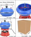 Diagram of Vibratory Polishing Machine with dimensions and packaging box.