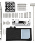 59-Piece Easy-To-Use Watch Repair Kit For Newbies with link removal tools, hammer, pins, holder, and portable pouch displayed.