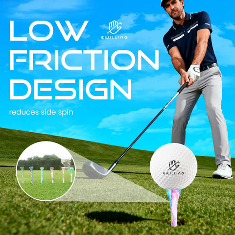 Golfer using Multicolor Golf Tees Set, Bamboo Wood 100 Pack, mixed sizes; low friction design for consistent ball flight on green.
