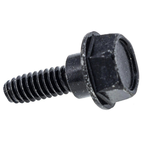 Genuine OEM Hex Washer Head Shoulder Screw Part 120-7024, black coated steel, for Exmark Quest commercial mowers, close-up view.