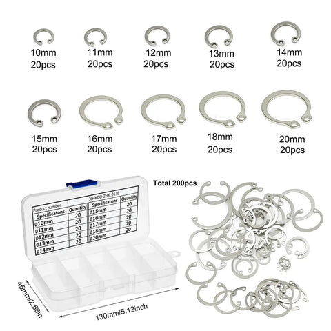 C Clip Assortment Kit Stainless Steel 200 Pcs M10 To M20 Internal And External Snap Rings 304 Stainless 10 Sizes For Auto Machinery And DIY Projects Great For Mechanics, 10-20mm set in case