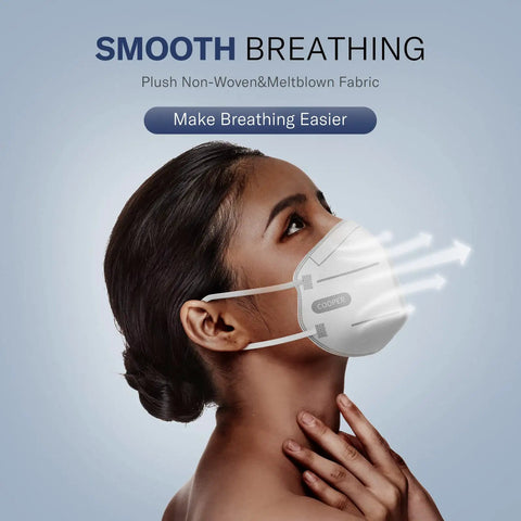 Person wearing KN95 Face Masks Pack of Fifty, Five Ply Disposable Masks, Breathable Comfy Fit, All Day Wear, High Filtration With At Least 95 Percent Efficiency, White, Made in USA, demonstrating smooth breathing feature on blue background.
