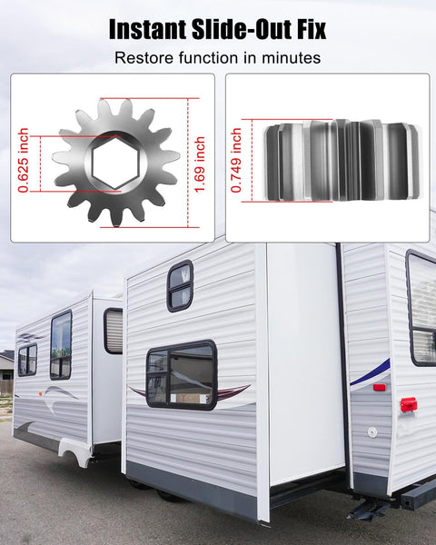 Diagram of 15 Tooth Spur Gear for RV Slide Outs with measurements, showcasing its use and size details.