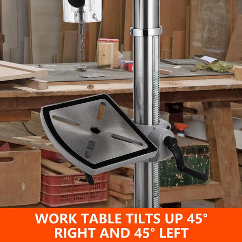 Tilting cast iron worktable of Heavy Duty 13 Inch Floor Standing Drill Press With Powerful 7.5 Amp Motor and Variable Speed Control.