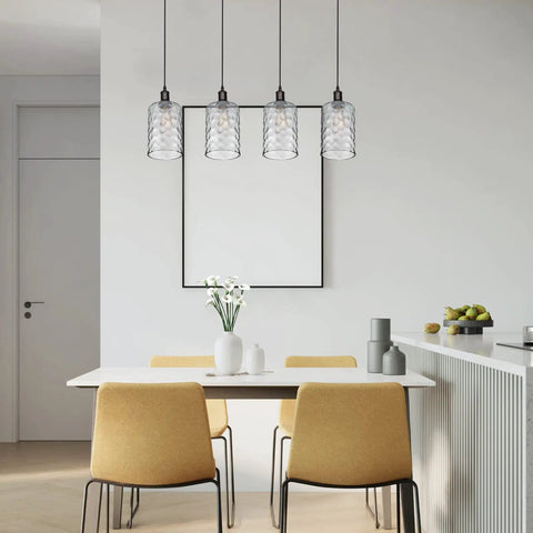 Modern dining room with Hammered Glass Cylinder Shade Replacement For Wall Sconce Vanity Pendant Lights, 3.6 Inch Diameter X 6 Inch Height, 1-5/8 Inch Fitter Opening, Water Ripple Texture, 4 Pack over table.