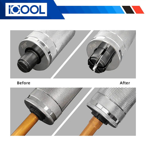 Heavy Duty Pro Grade Hydraulic Tube Expander Swaging Kit With Cutter And Deburring Tool, 7 Expander Heads close up before and after use