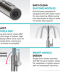 Oletto Spot Free Stainless Steel Kitchen Faucet With Pull Down Sprayer, Dual Function, 360 Degree Swivel information graphic.