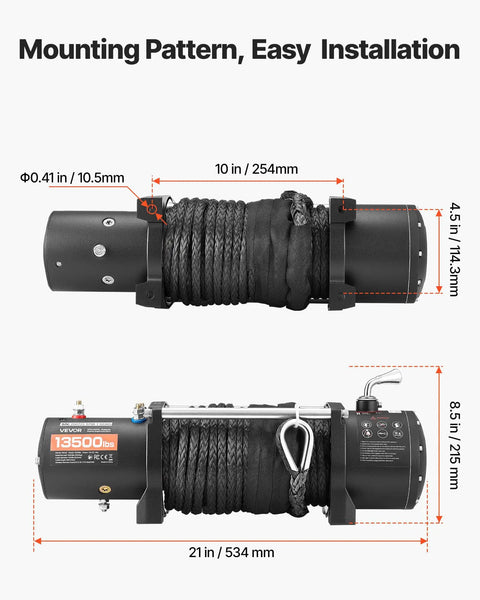 Beefy 13,500 Lb Electric Winch For Off Road Recovery, 12V DC Truck Winch With 3/8 In 85 Ft Synthetic Rope, wireless and wired remote, mounting dimensions shown