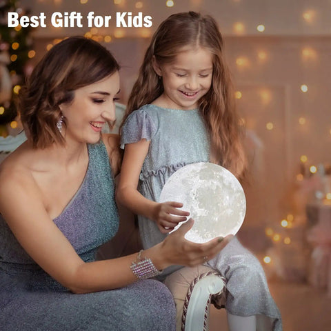 Mother and daughter holding Upgraded 7 Inch Moon Lamp 3D Printed Moon Light With 16 Color Options Remote And Touch Control Realistic Crater Details Cozy Lit Night Light Gift For Women Teens Men White Hand Stand Included