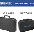 Two Dremel tool cases for 4300 rotary kit; old hard case left, new compact case with blue DREMEL logo on right.