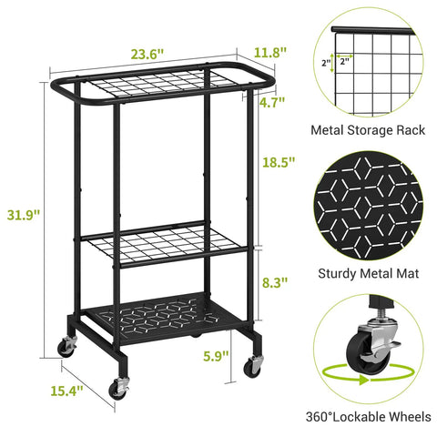 Diagram of 3-Tier Garden Tool Organizer On Wheels Heavy Duty Metal Rolling Storage Cart dimensions and features.
