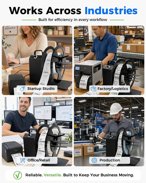 Kickass Heavy Duty Automatic Label Rewinder With Eight Speed Levels And Two Way Rewinding Tech for coreless rolls in office and factory settings.