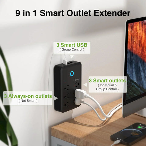 Smart Power Strip With WiFi Outlets And USB Ports, 3 Individually Controlled Sockets, Works With Alexa And Google Home, mounted on wall