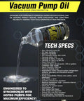 Heavy Duty Synthetic Vacuum Pump Oil Built For Hvac Crews Demanding Zero Mist in a clear bottle with fluid pouring out.