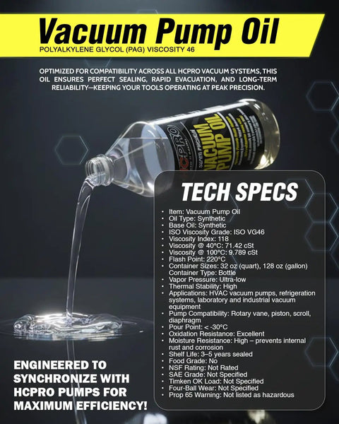 Heavy Duty Synthetic Vacuum Pump Oil Built For Hvac Crews Demanding Zero Mist in a clear bottle with fluid pouring out.