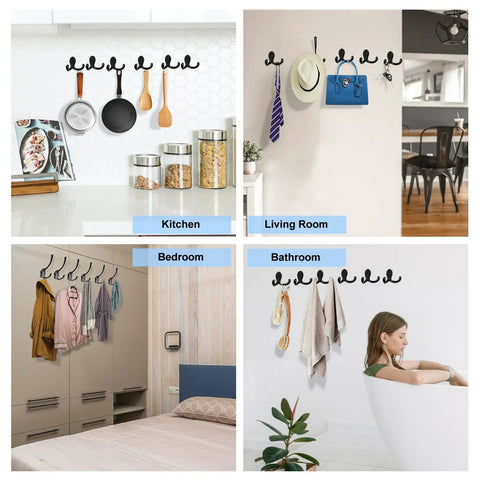 4 Pack Wall Hooks Set, Heavy Duty Metal Coat Hangers In Black, Wall Mounted With Screws, used in kitchen, living room, bedroom, bathroom.