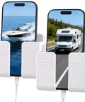 Wall Phone Holder For Camper RV Boat Two Pack White Heavy Duty Adhesive Mount With Phones Displayed In Use