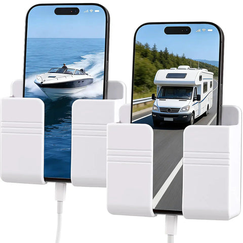 Wall Phone Holder For Camper RV Boat Two Pack White Heavy Duty Adhesive Mount With Phones Displayed In Use