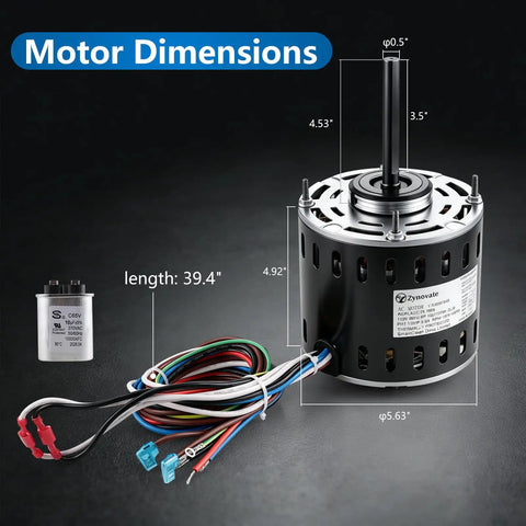 Motor dimensions of Upgraded One Half HP Blower Fan Motor Direct Drive 115V Three Speed 1075 RPM 48 Frame Sleeve Bearing Quiet HVAC