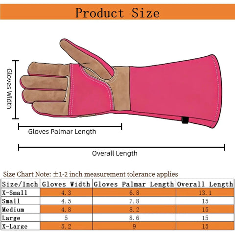 Size chart for Long Leather Gardening Gloves For Women With Rose Pruning Design Heat Resistant Heavy Duty Work Gloves Pink Medium
