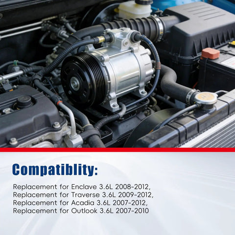 Top Shelf AC Compressor And Clutch Assembly Compatible With Buick Enclave Chevy Traverse Gmc Acadia Outlook 3 6 Liter Drop Right In installed in engine bay