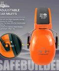 Heavy Duty Ear Protection Muffs With Up To 32dB Noise Reduction Adjustable Hearing Protection For Work Mowing Construction And Lawn Care Orange Noise Canceling Earmuffs For Clear Focus, front view showing adjustable headband and orange color.