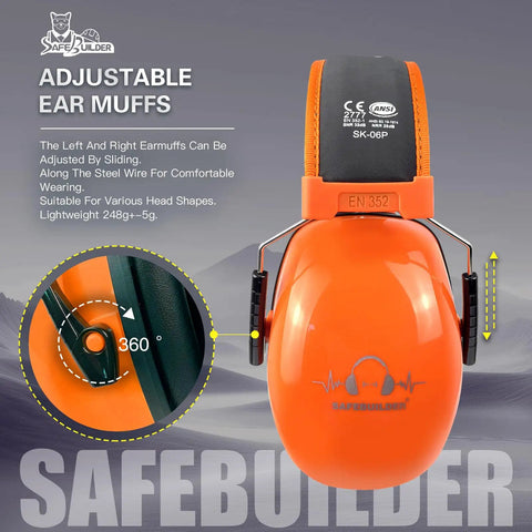 Heavy Duty Ear Protection Muffs With Up To 32dB Noise Reduction Adjustable Hearing Protection For Work Mowing Construction And Lawn Care Orange Noise Canceling Earmuffs For Clear Focus, front view showing adjustable headband and orange color.