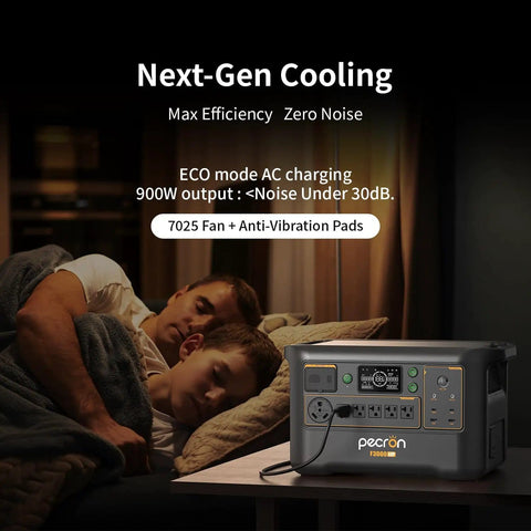 Beefy F3000LFP 3072Wh Portable Power Station on table with ECO mode, ideal for home, camping, RV, emergency use, silent operation.