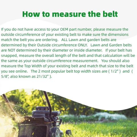 Guide on measuring belt size for lawn mowers with image of a lawn mower in action.