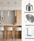 3 Pack Modern Pendant Lights For Kitchen Island With Glittering Crystal Bubbles, 6500K Daylight Brushed Nickel Hanging Fixtures in elegant setting.