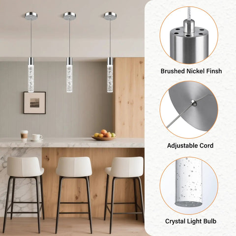 3 Pack Modern Pendant Lights For Kitchen Island With Glittering Crystal Bubbles, 6500K Daylight Brushed Nickel Hanging Fixtures in elegant setting.