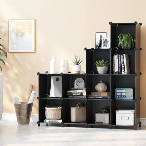 12-Cube Black Storage Organizer Shelf System For Bedroom, Office, And Living Room - Modular DIY Plastic Closet Shelves with decor