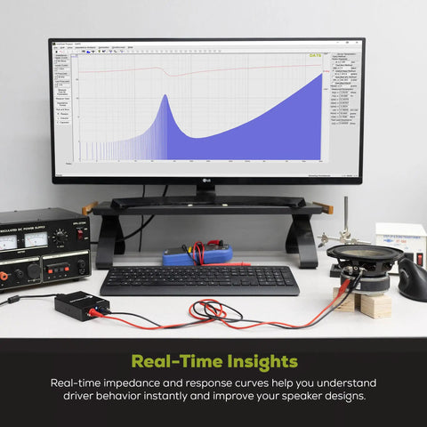DATS V3 Computer Based Speaker And Audio Component Test System With USB Interface setup showing impedance graph on monitor
