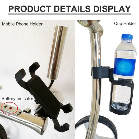 Easy Fold Electric Golf Push Cart With Remote Control And Dual Motor For Casual Rounds On The Links showing mobile phone and cup holders.
