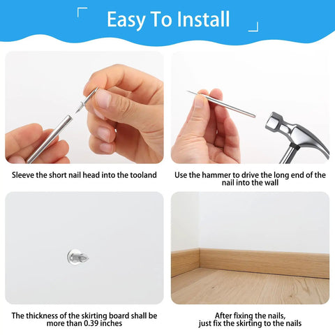500 Piece Double Headed Finish Nails And Sleeve Tools For Hidden Trim Nails Baseboard Installation steps showing installation process.