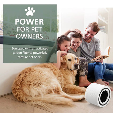 Family with golden retriever and P350 Pet Care Replacement Filter 3 In 1 Activated Carbon for Pet Dander and Odors.