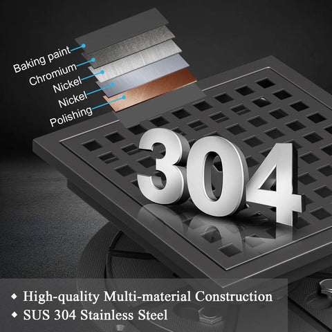 Close-up of matte black SUS 304 stainless steel shower drain cover highlighting multi-material construction.
