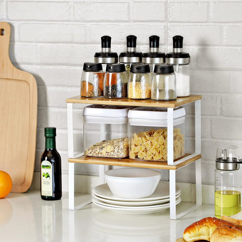 Stackable Cabinet Organizer Shelves Set Of 4 Hella Super Convenient Kitchen Pantry Storage, showing jars and pasta on a sleek countertop.