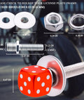 Dope Orange Dice License Plate Screws Kit with stainless bolts, aluminum caps, shown with dimensions for cars, trucks, vans, motorcycles.
